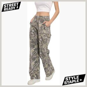 Women's Camo Cargo Pants Wide Leg Cotton Stretch Low Rise 5 Pockets
